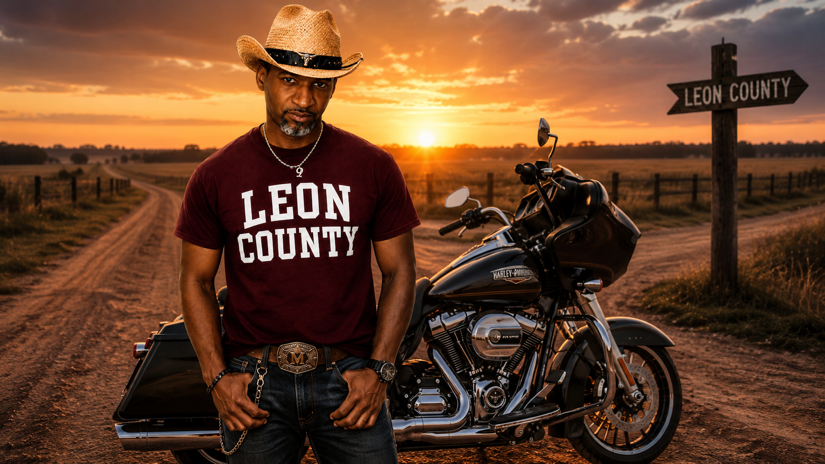 Marty McQueen in a Leon County tee beside a Harley Davidson on a dirt road at sunset